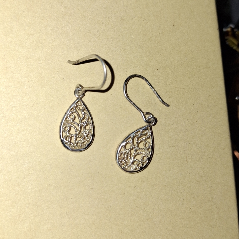 925 Filigree Drop Sterling Silver Hook Post Earring Signed SU CH